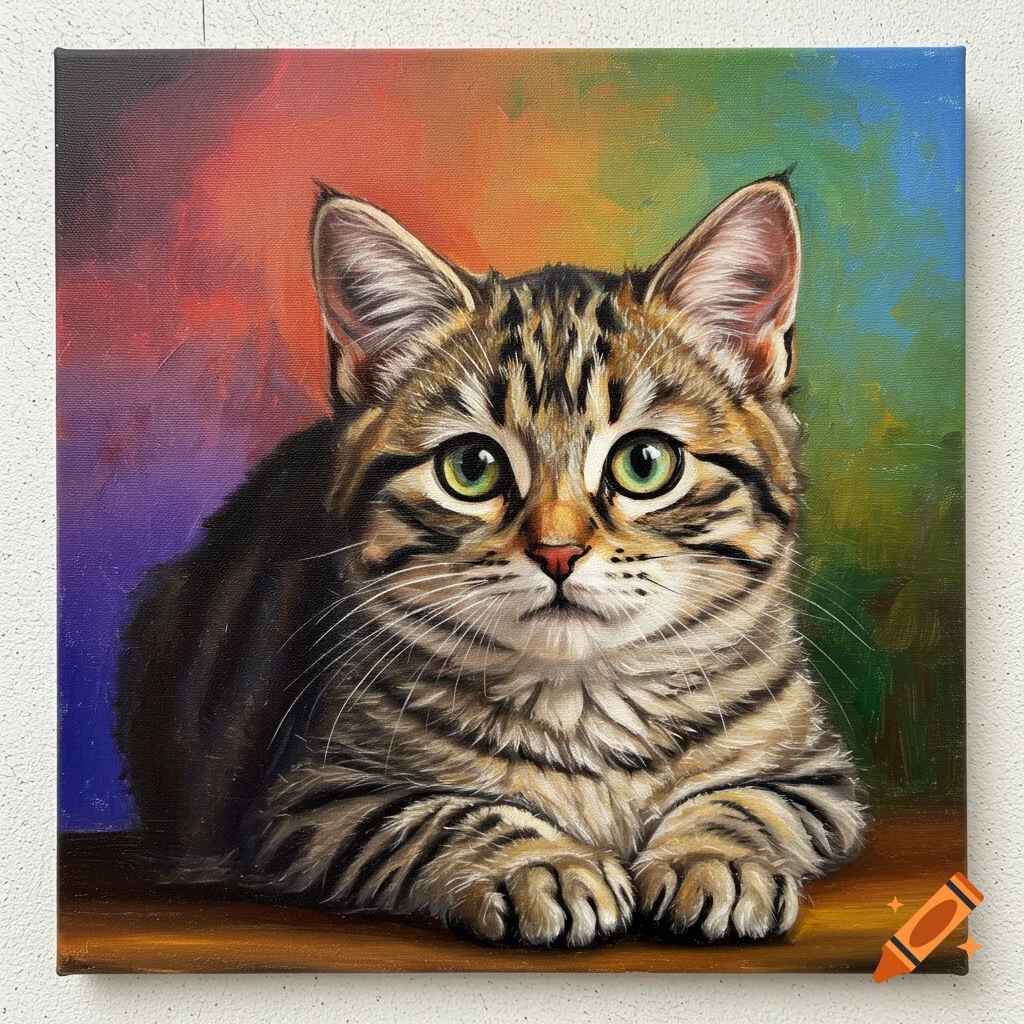 Oil painting of a tabby cat with green eyes and colorful background