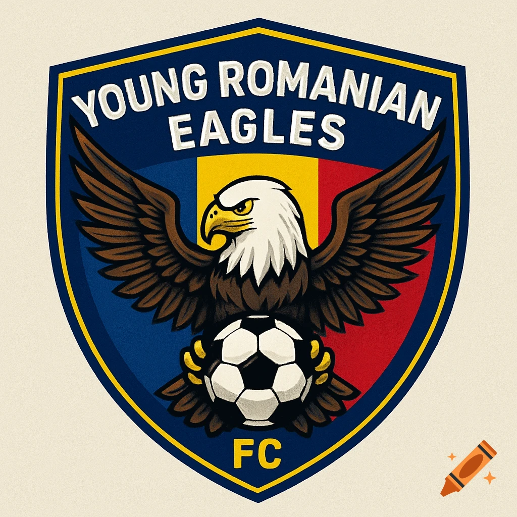 A football club badge featuring an eagle holding a soccer ball in front of a shield with Romanian flag colors and text.