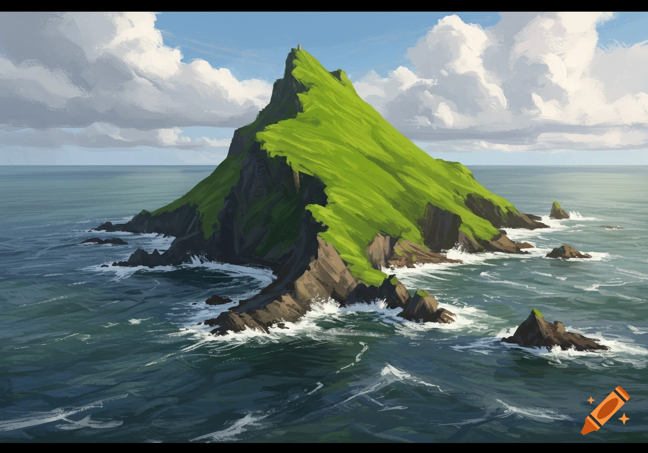 Digital painting of a steep, grassy island in the ocean with waves crashing on rocks.