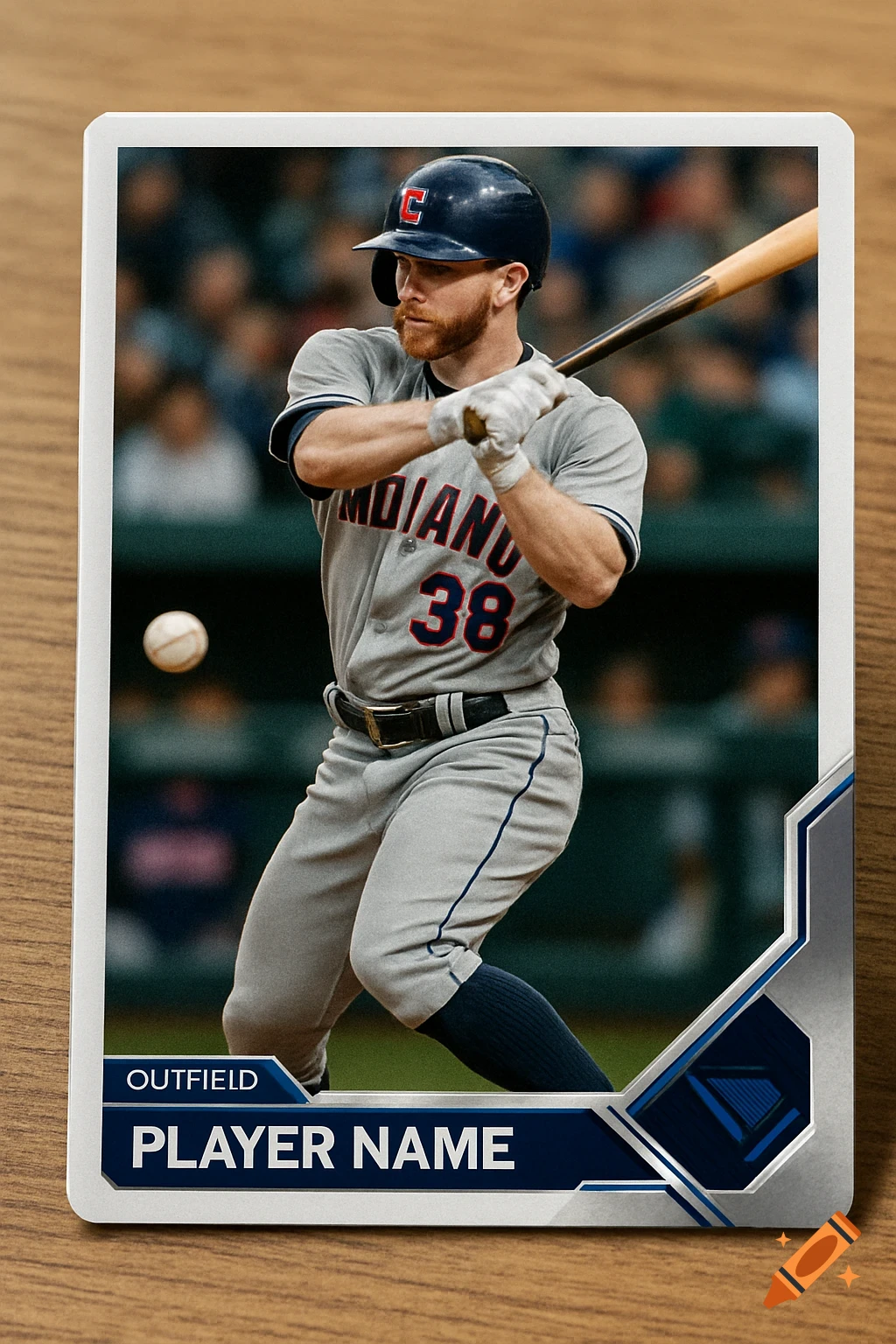 A baseball trading card shows a player in uniform with number 38 batting, with text fields for 'OUTFIELD' and 'PLAYER NAME'.