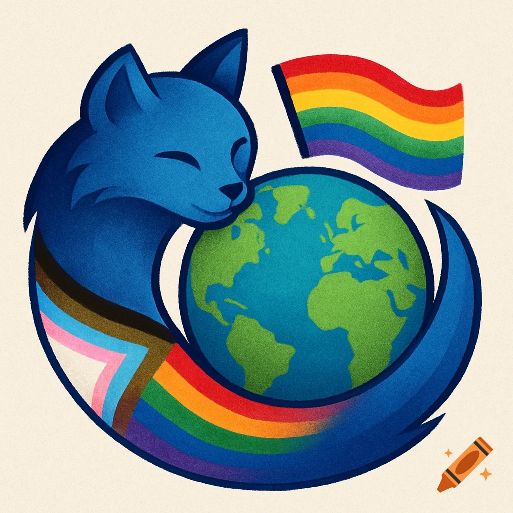 Stylized blue fox or cat with rainbow and progress pride colors hugging a globe