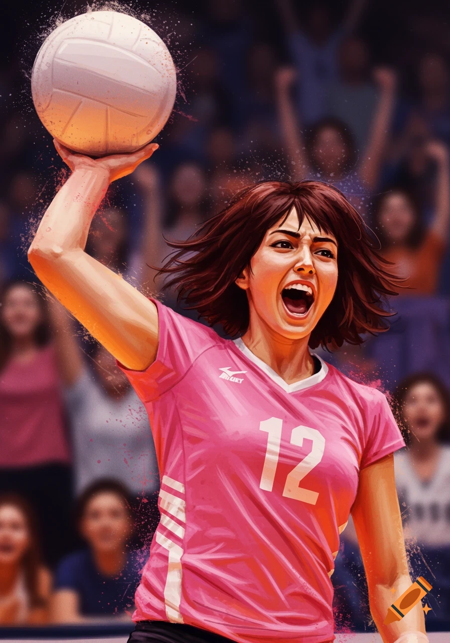 Illustration of a woman in a pink volleyball uniform hitting a volleyball during a game.