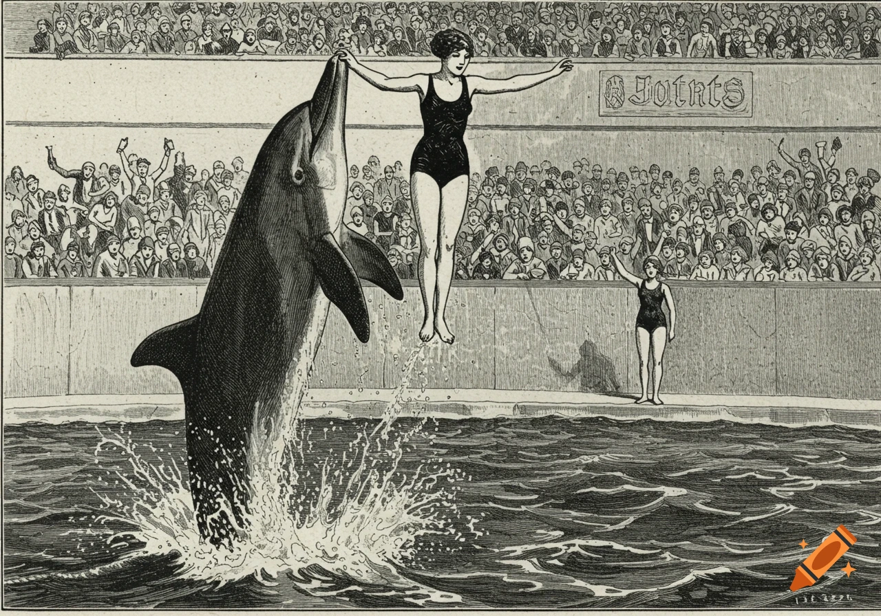 Engraving of a woman standing on the beak of a dolphin jumping out of the water, with a cheering crowd in the background.