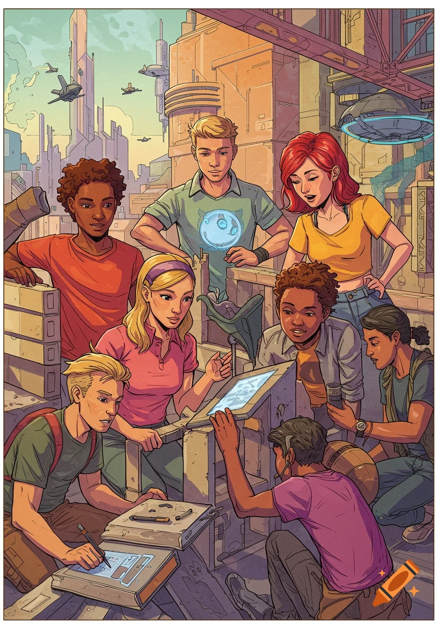Illustration of a group of young people working on designs in a futuristic city.