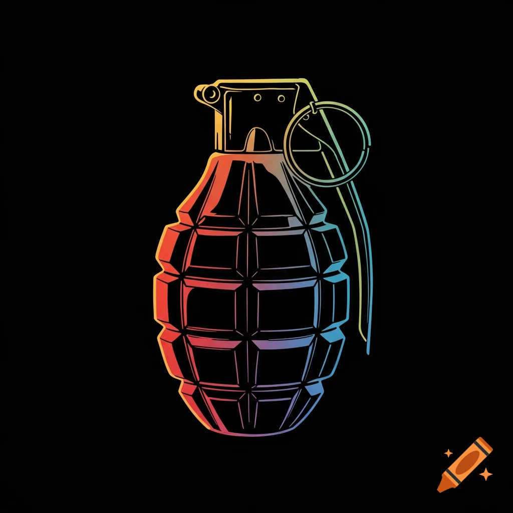 Stylized illustration of a hand grenade with a rainbow outline on a black background