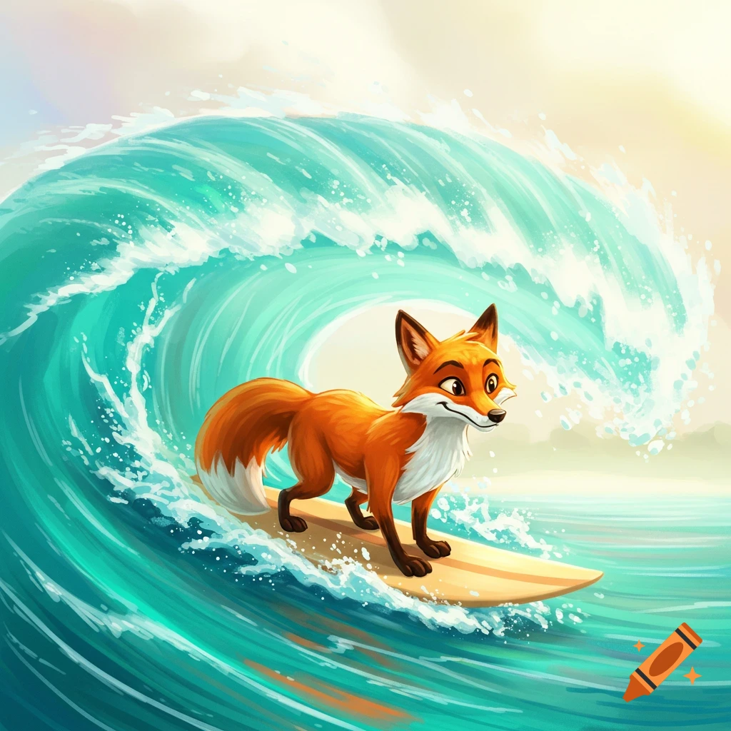Cartoon illustration of a fox surfing on a large wave.