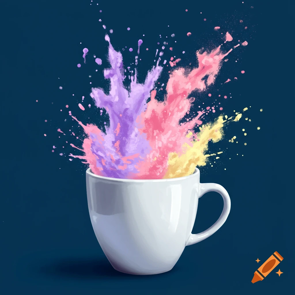 White mug with purple, pink, and yellow pastel powder splashing out.