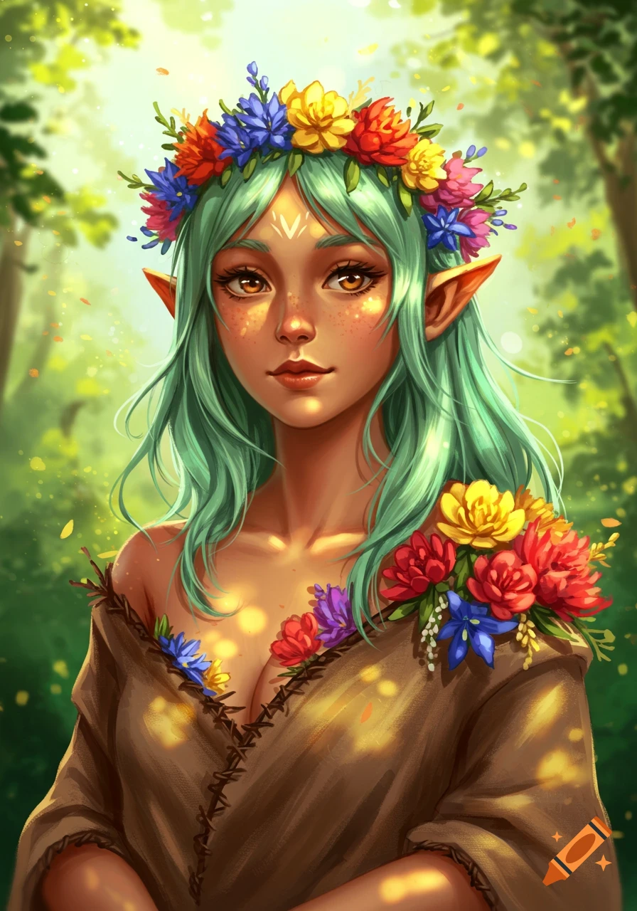 Digital painting of a fantasy character, an elf or druid with green ...