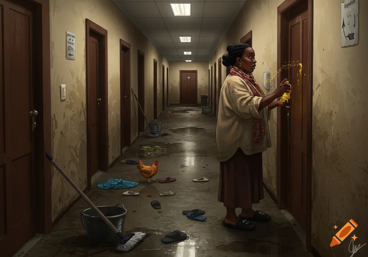Woman sprinkles oil on a door in a dirty hallway with a chicken and scattered slippers.