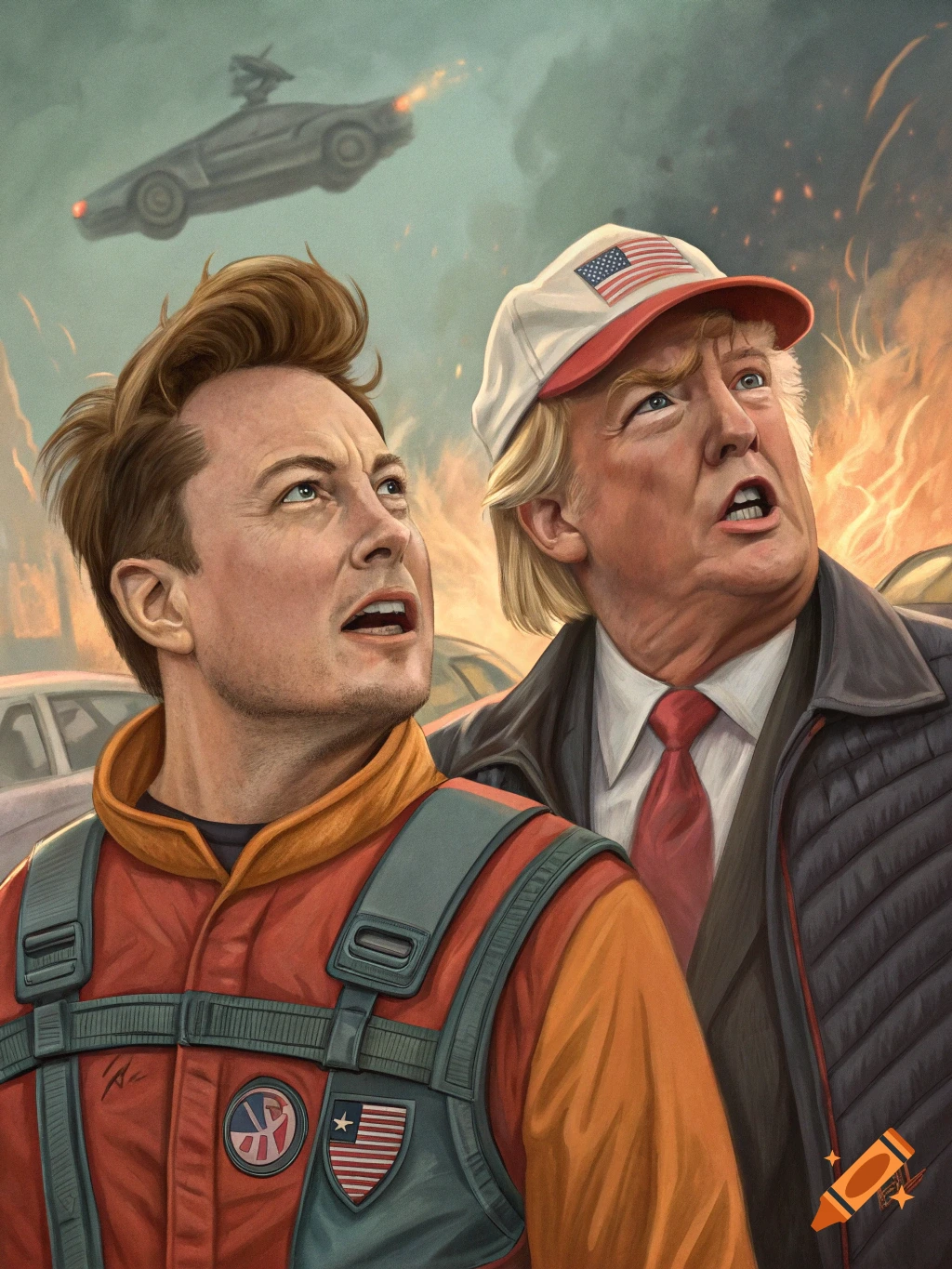 An illustration of Elon Musk and Donald Trump looking up in surprise at a futuristic flying car in a chaotic, burning landscape.