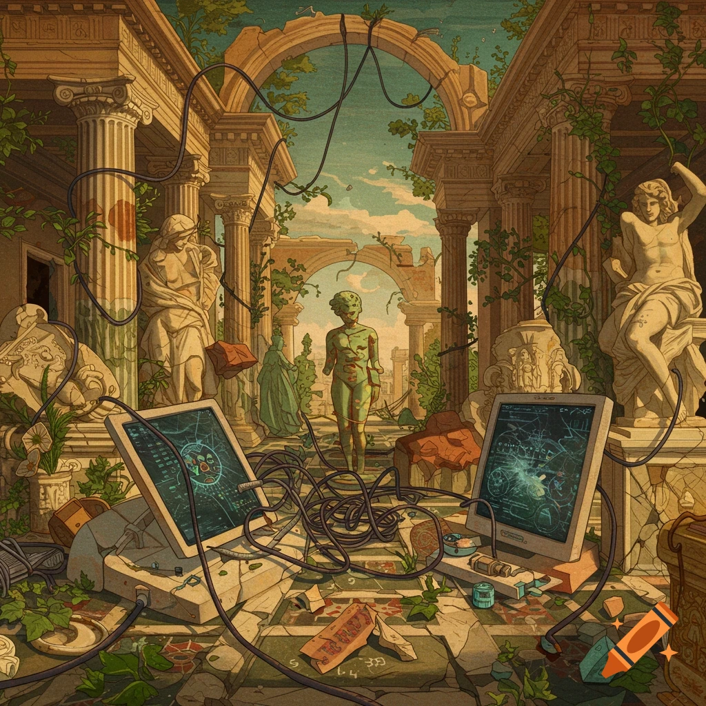 Ruined classical architecture with statues, overgrown plants, broken computers, and a green robot figure.