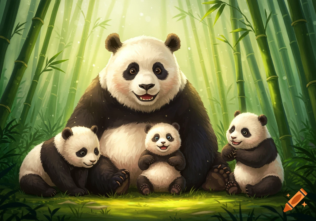 A large panda sits with three smaller panda cubs in a vibrant, green bamboo forest.