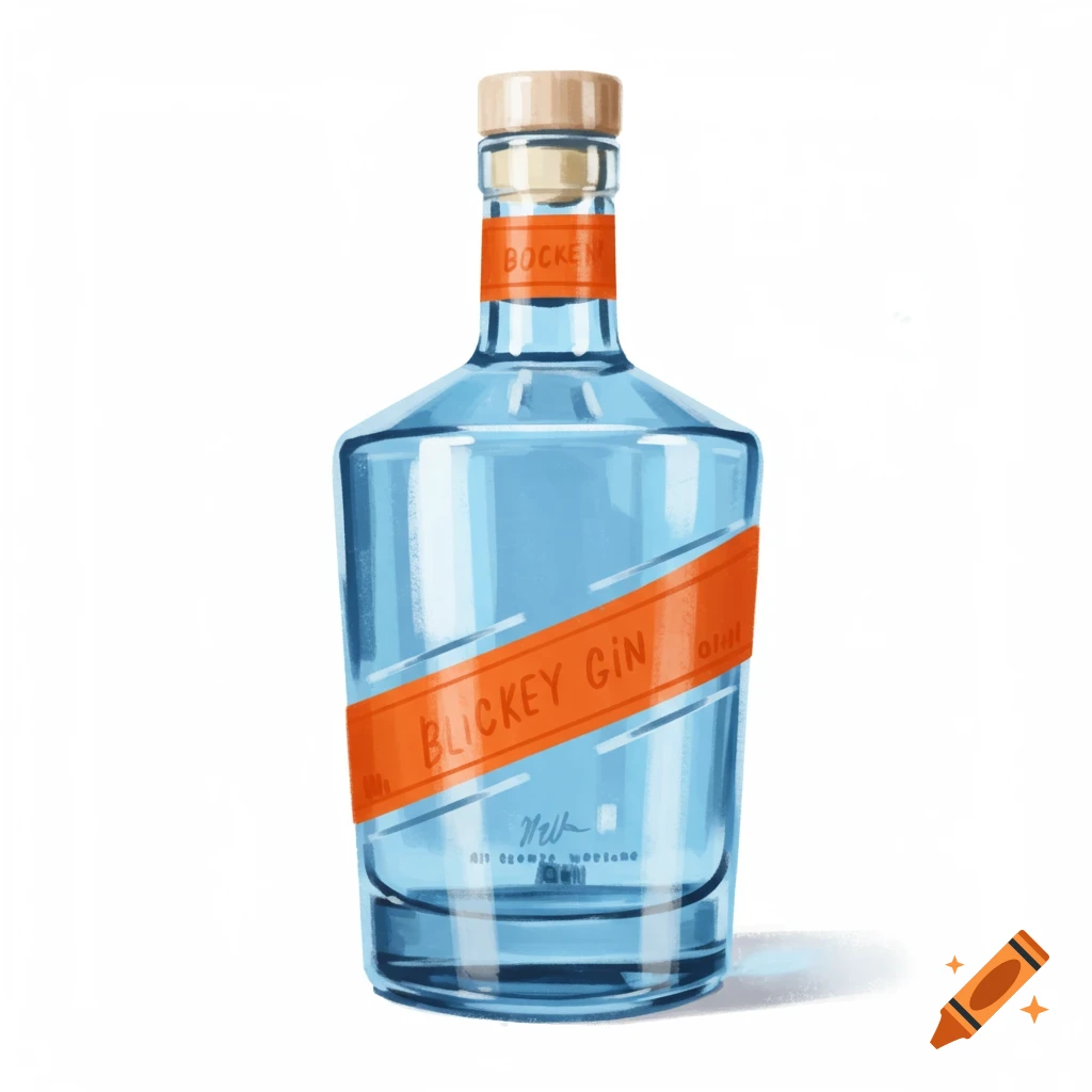 Illustration of a light blue glass gin bottle with an orange diagonal label.