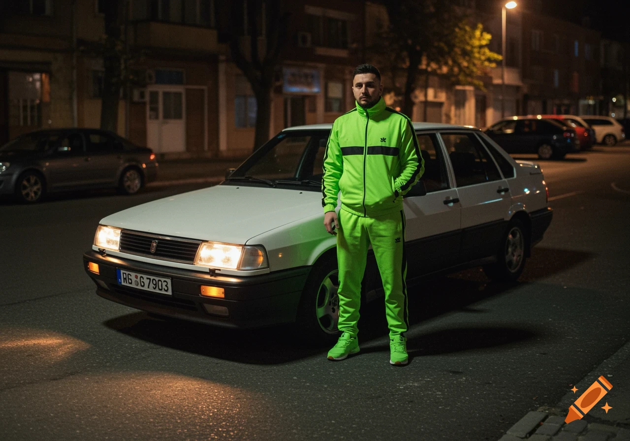 A man in a lime green tracksuit stands next to a white car on a street at night.