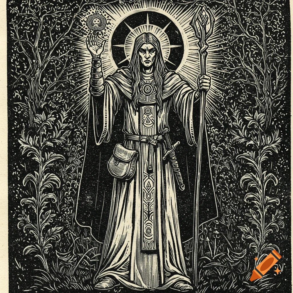 Black and white linocut of a cleric figure standing in a forest with a staff and halo.