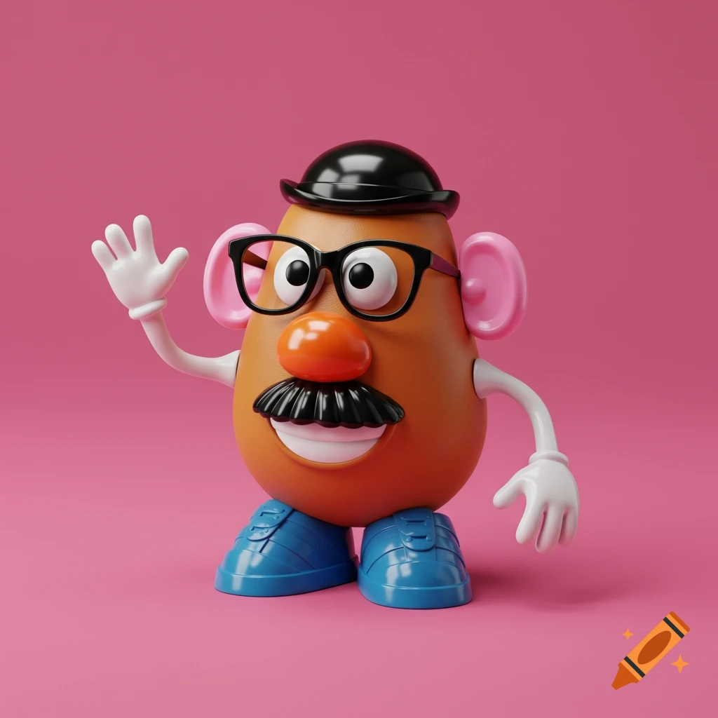 Mr. Potato Head wearing glasses and a hat waves