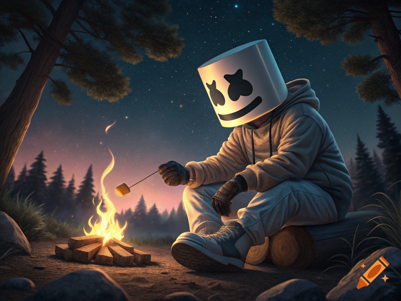 A person in a Marshmello mask roasts a marshmallow over a campfire under a starry night sky. Realistic style.