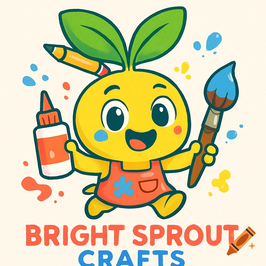 Cartoon sprout mascot holding glue and paintbrush, text says Bright Sprout Crafts.