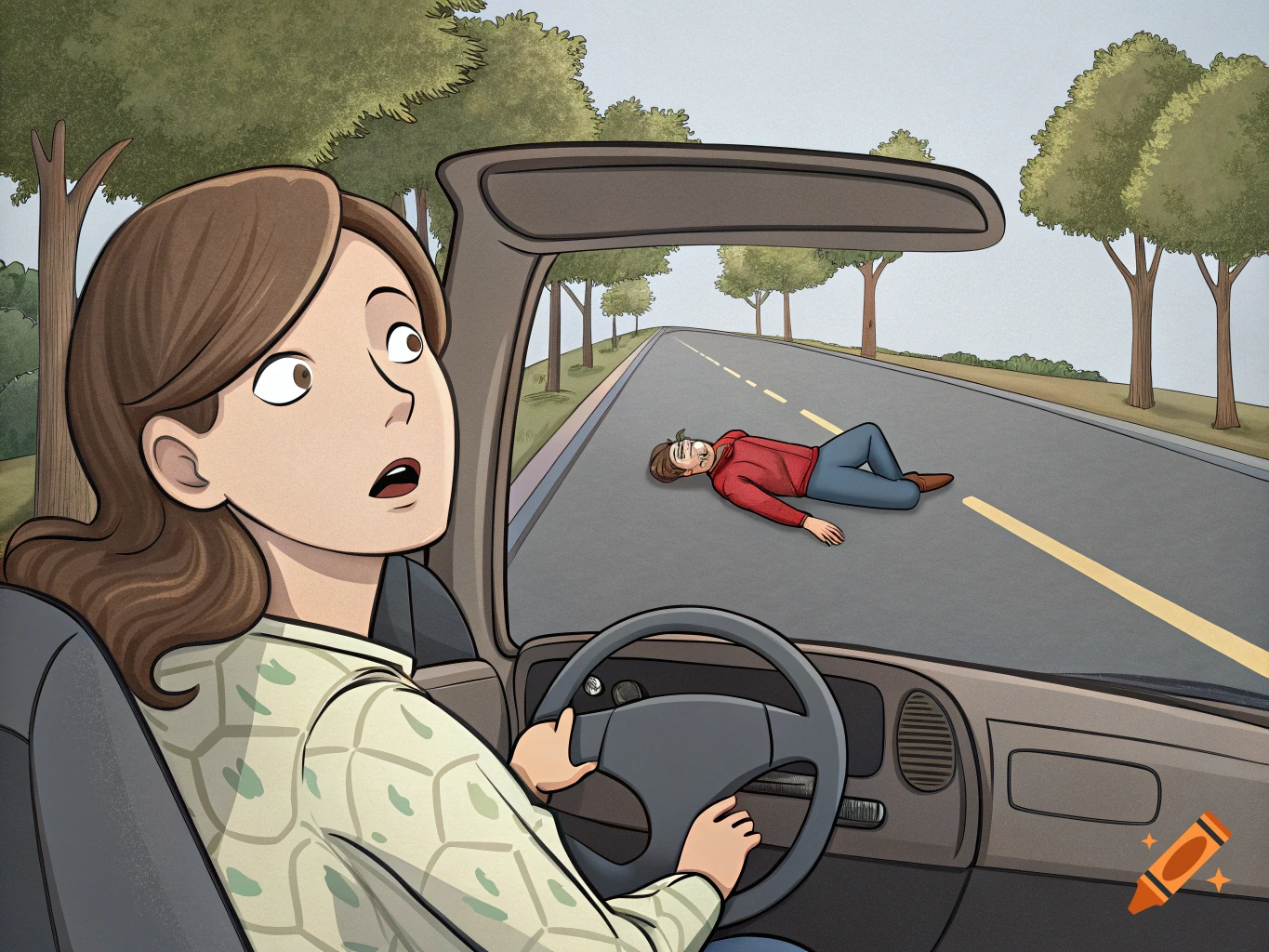 Illustrated scene of a shocked woman in a car looking at a person lying on the road.