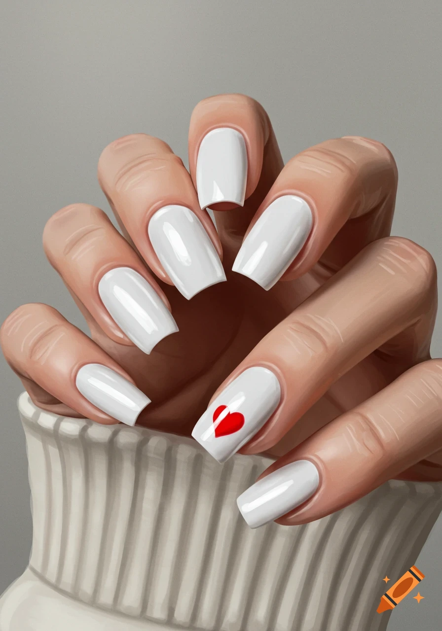 A hand with long white nails holds onto a white sweater, one nail has a red heart design.