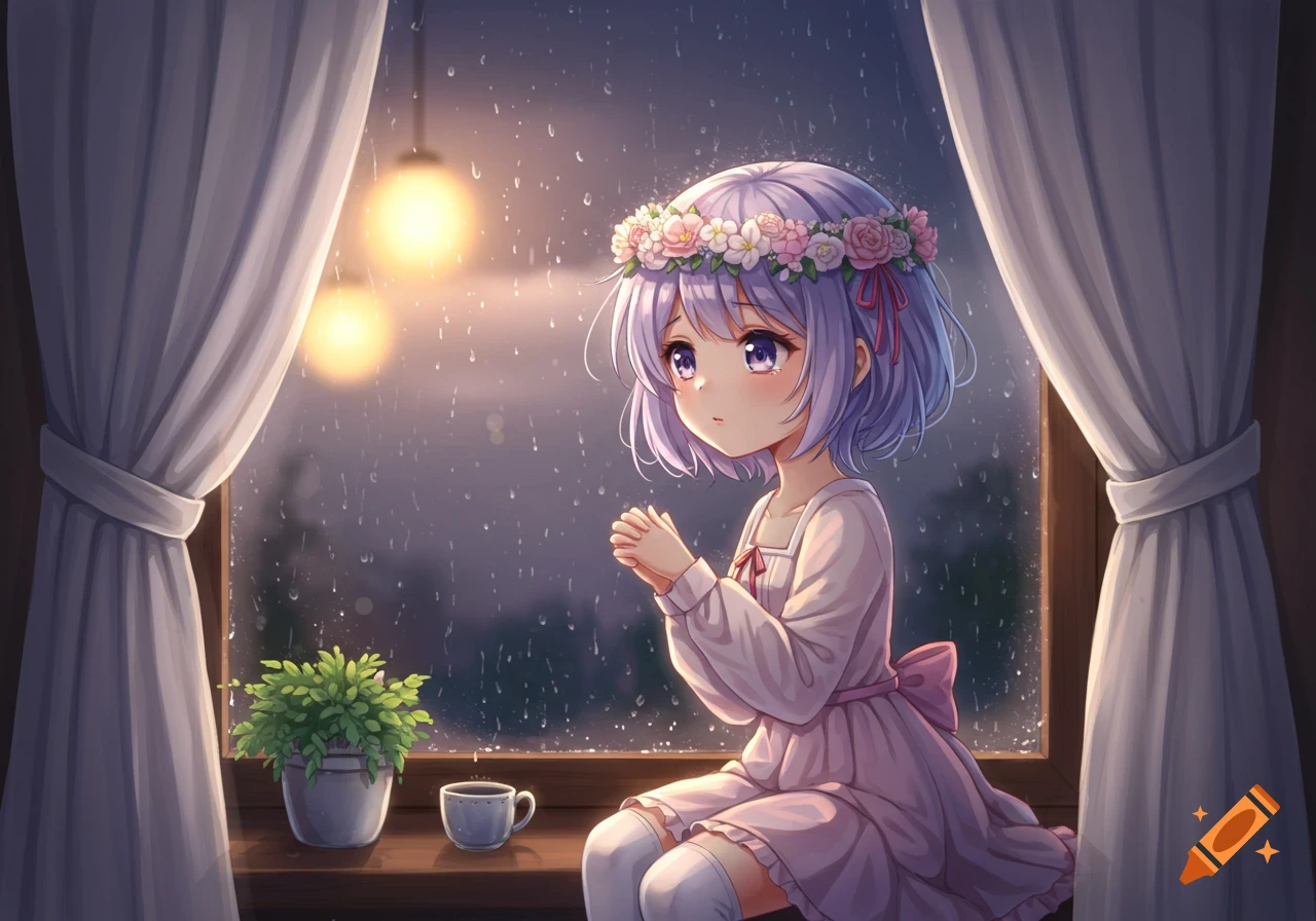 Anime girl with lilac hair and flower crown sits by a window watching rain.