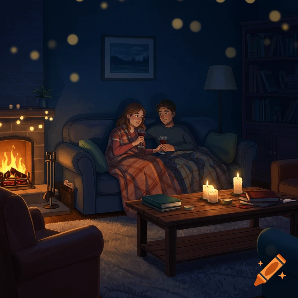 A cozy illustration of a couple on a couch by a fireplace at night.