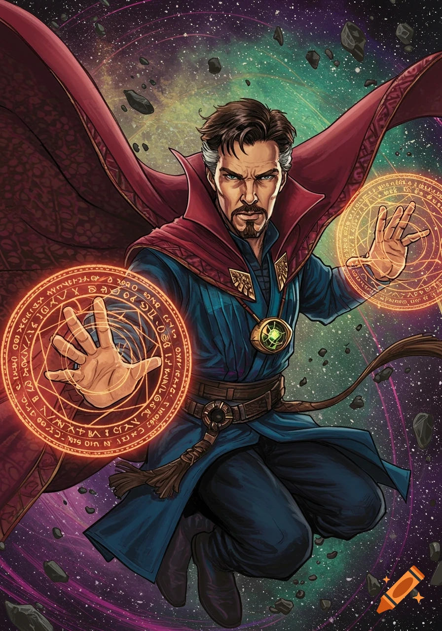 Doctor Strange casts a spell in space with glowing magic circles, comic art style.