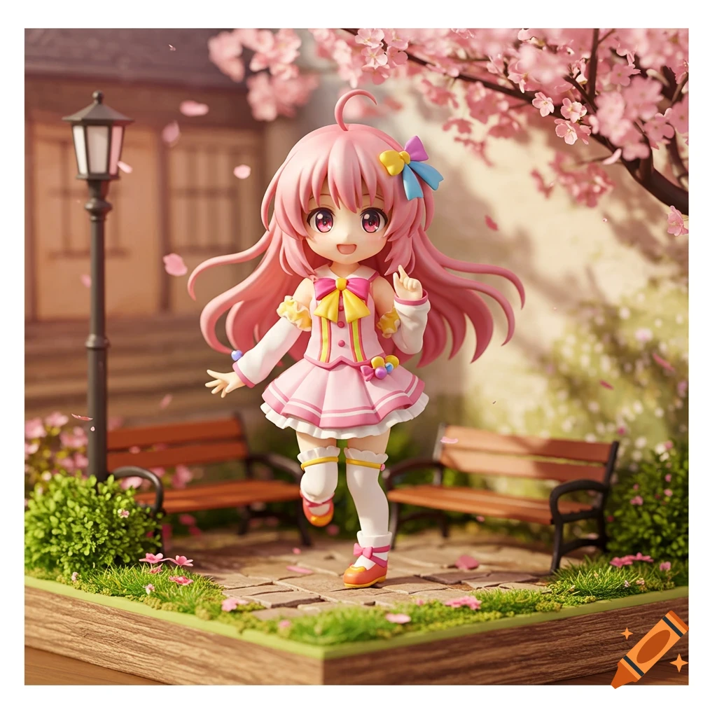 An anime girl figurine in a pink dress stands in a miniature cherry blossom park diorama.