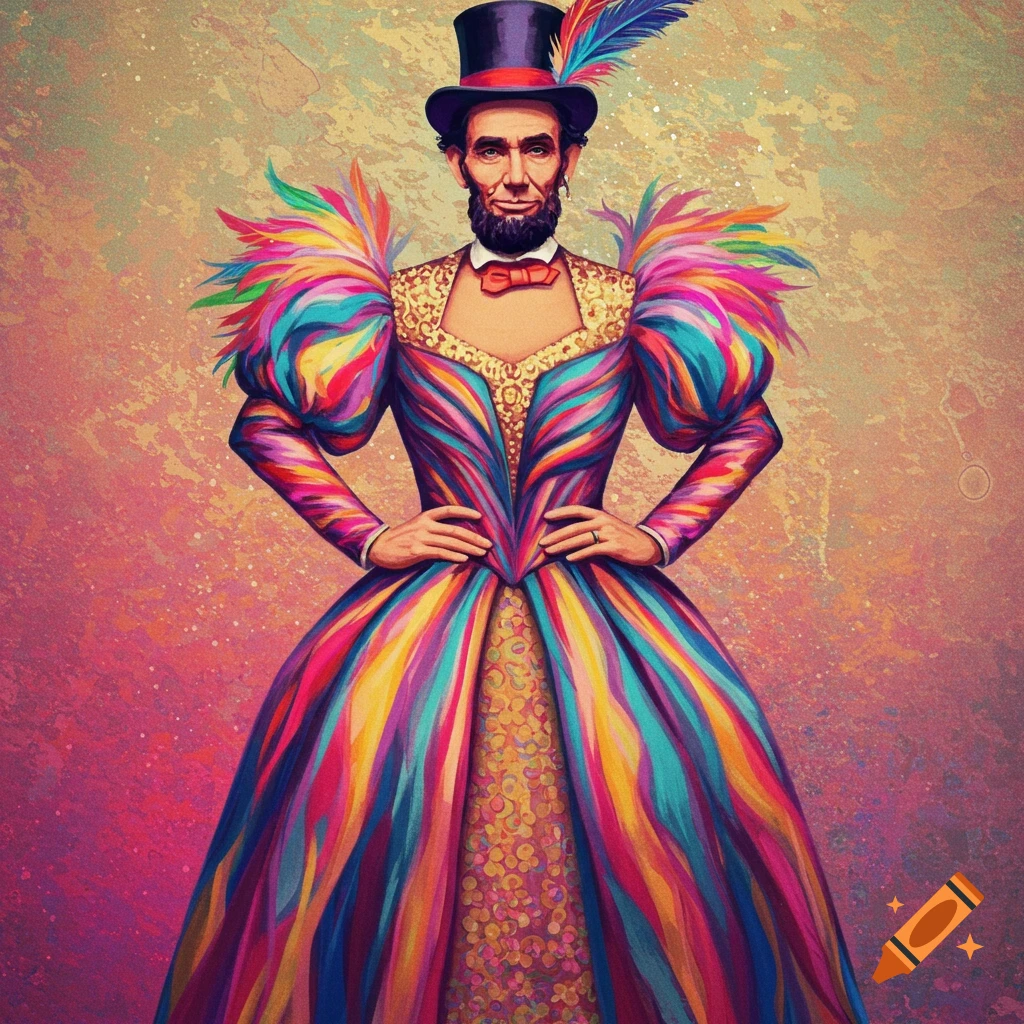 Illustration of figure resembling Abraham Lincoln wearing a brightly colored dress, top hat, and feather.