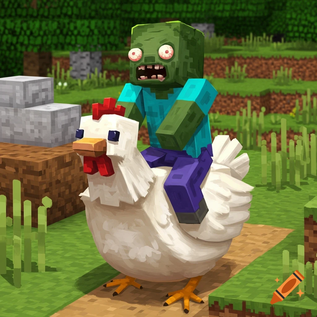 Minecraft zombie riding a chicken in a blocky landscape.