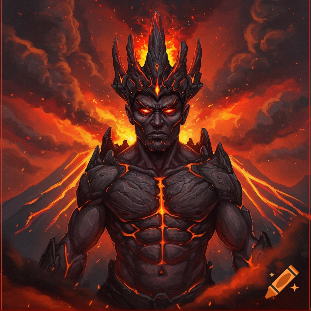 A dark figure with lava cracks and a spiky crown stands against a volcanic background with smoke and fire.