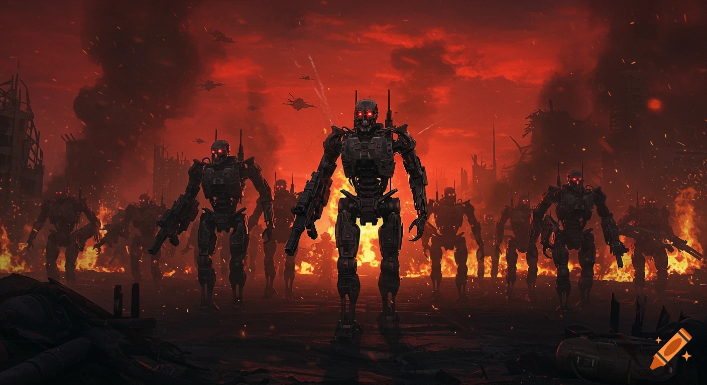 Army of robots with red eyes stand in a ruined city battlefield under a red sky, sci-fi concept art.