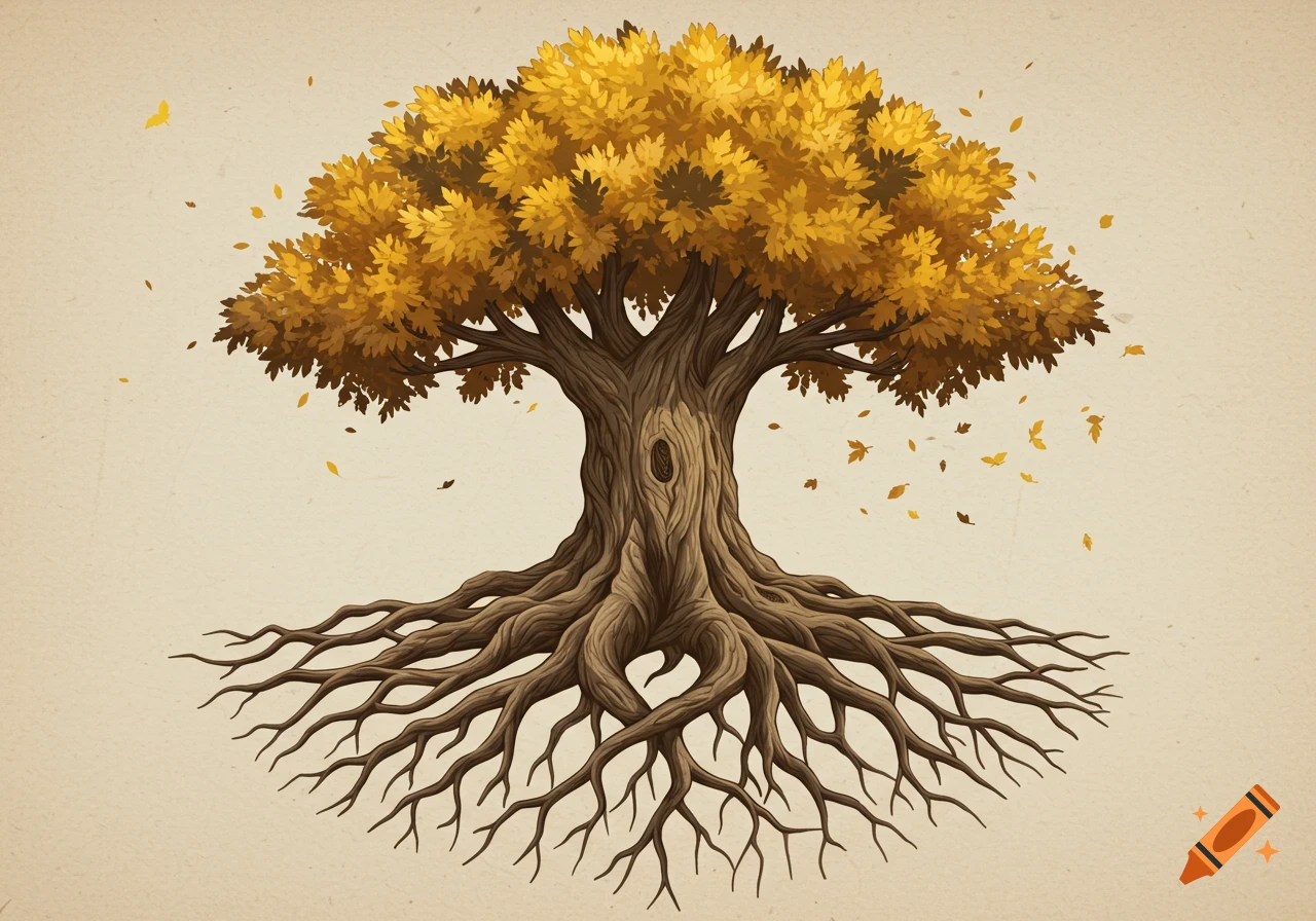 Illustration of a mighty tree with golden autumn leaves and exposed roots.