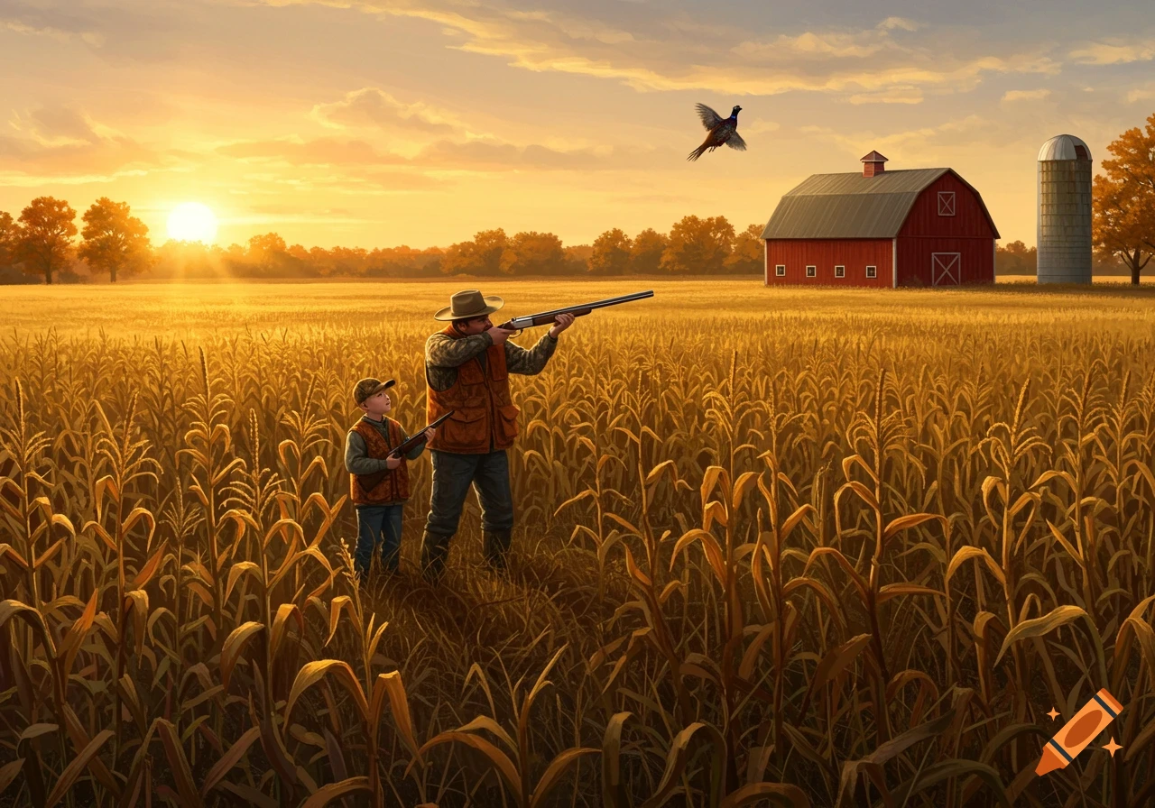 A Man And Boy Hunting Pheasants In A Corn Field At Sunrise Near A Red a-man-and-boy-hunting-pheasants-in-a-corn-field-at-sunrise-near-a-red