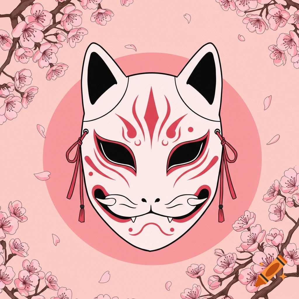 Japanese fox mask surrounded by pink cherry blossoms.