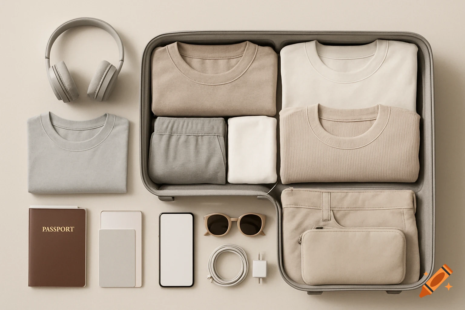 Minimalist flat lay of travel essentials: suitcase, clothes, passport, phone, headphones, sunglasses, charger on neutral background.