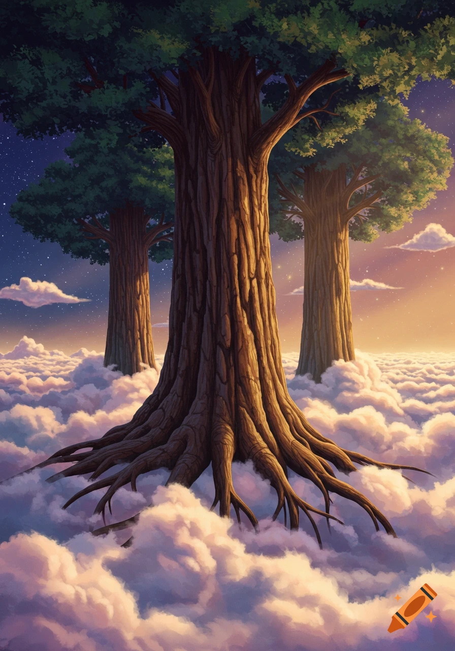 Giant trees with exposed roots standing above a sea of clouds against a sunset sky with stars.