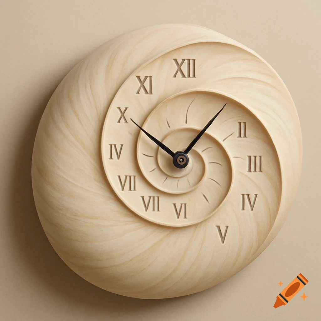 A spiraling shell-shaped clock with Roman numerals engraved on its ...
