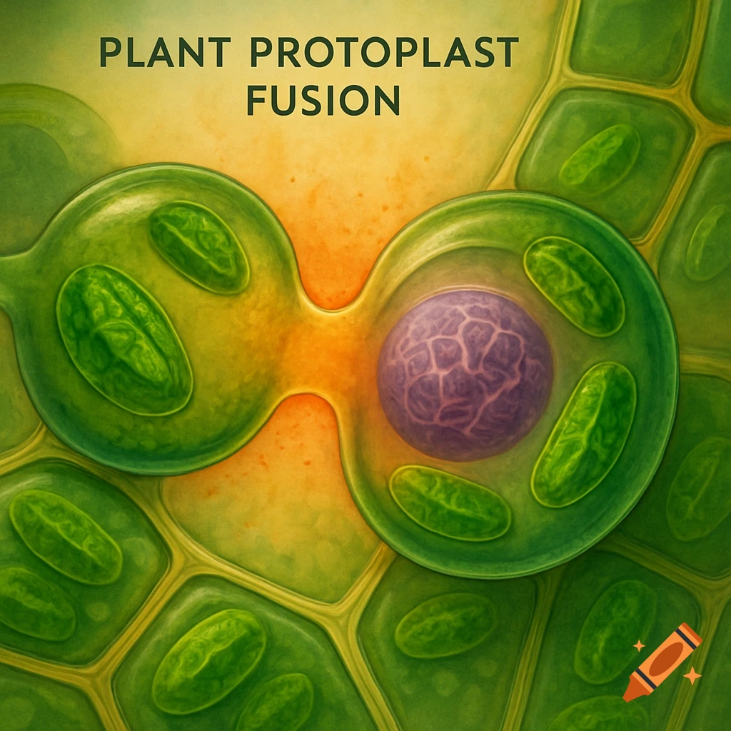 Microscopic illustration of plant protoplast fusion.