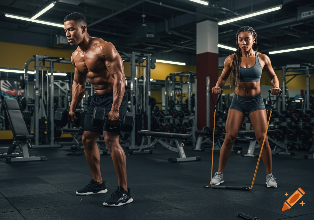 Man lifting dumbbells and woman using resistance band in a gym.