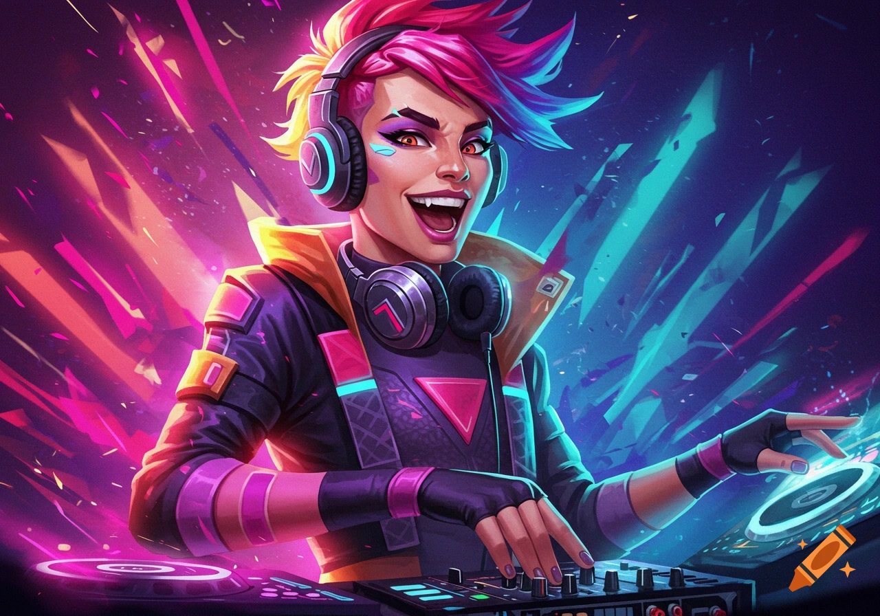 Woman DJ with pink and yellow hair mixing music in a vibrant, neon-lit setting.