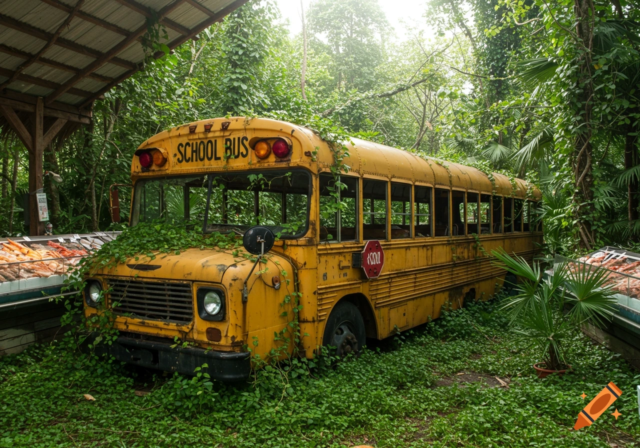 Abandoned yellow school bus overgrown with vines sits in a jungle market setting.