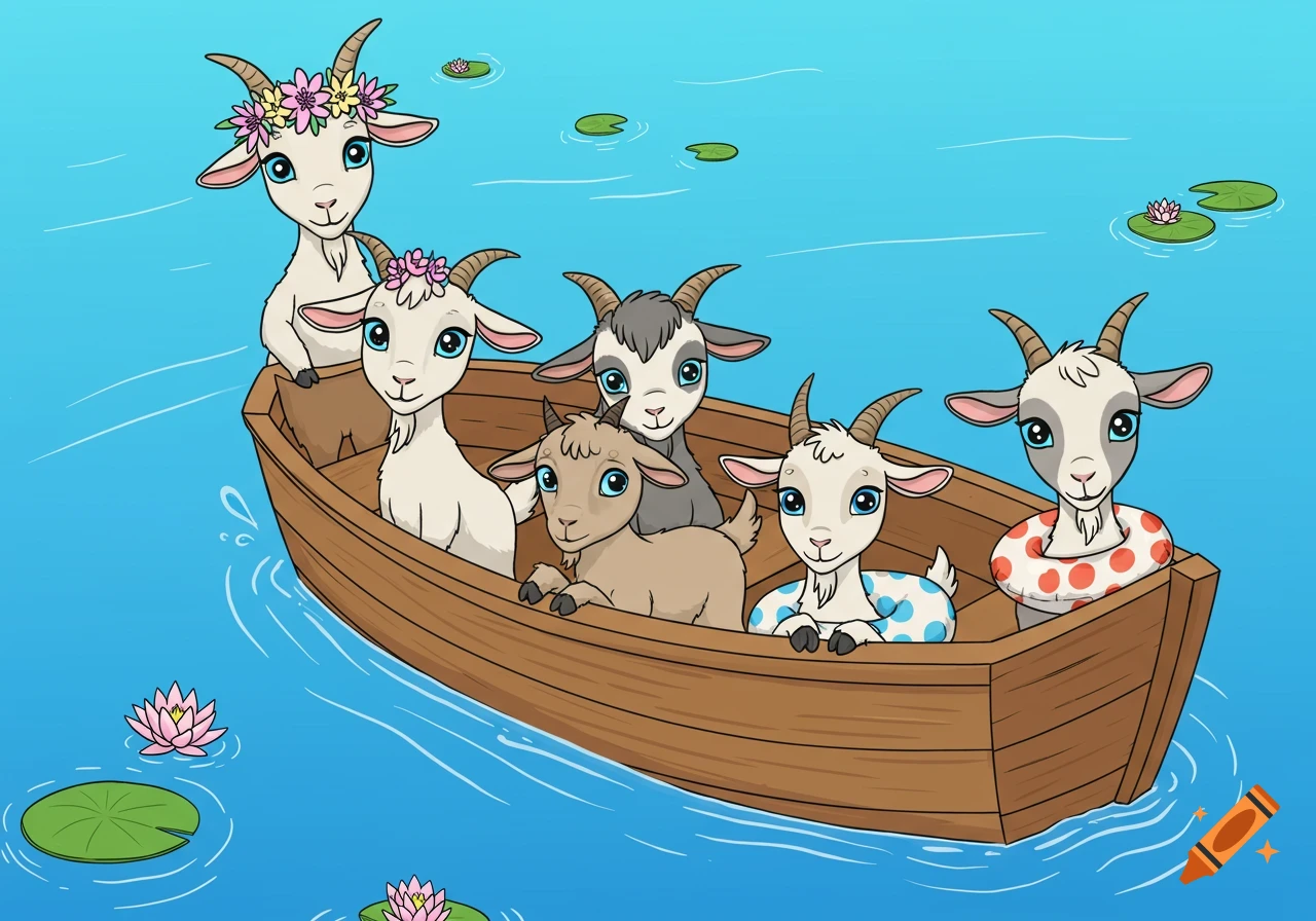Cartoon illustration of five goats in a wooden boat on water with lily pads.