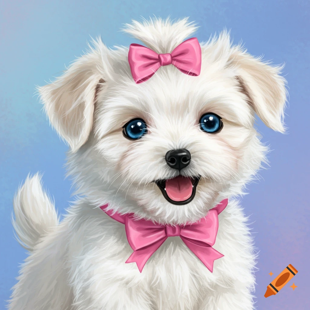 Illustration of a fluffy white puppy with blue eyes and pink bows.