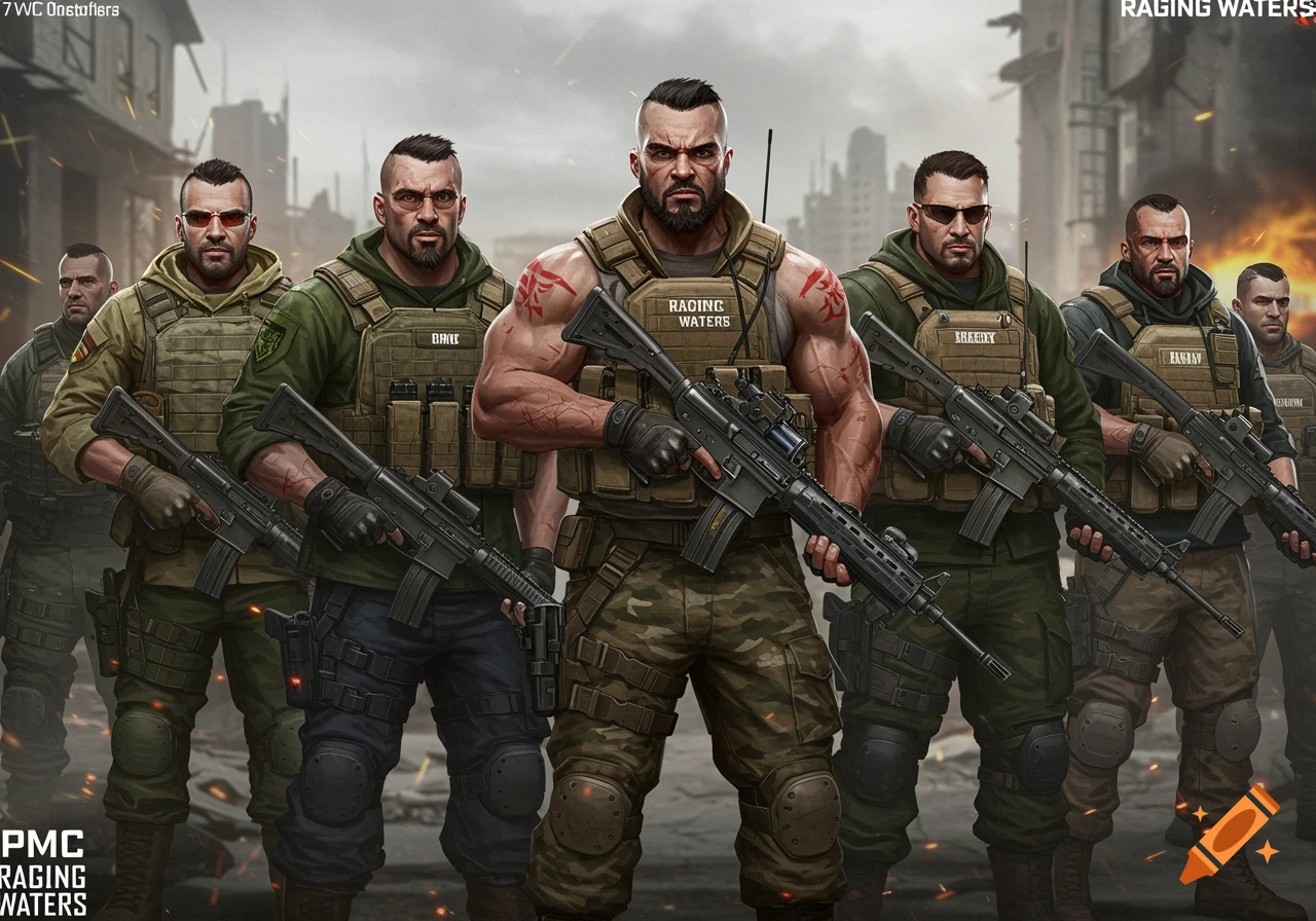 Group of stern soldiers in tactical gear holding rifles stand in a ruined city.