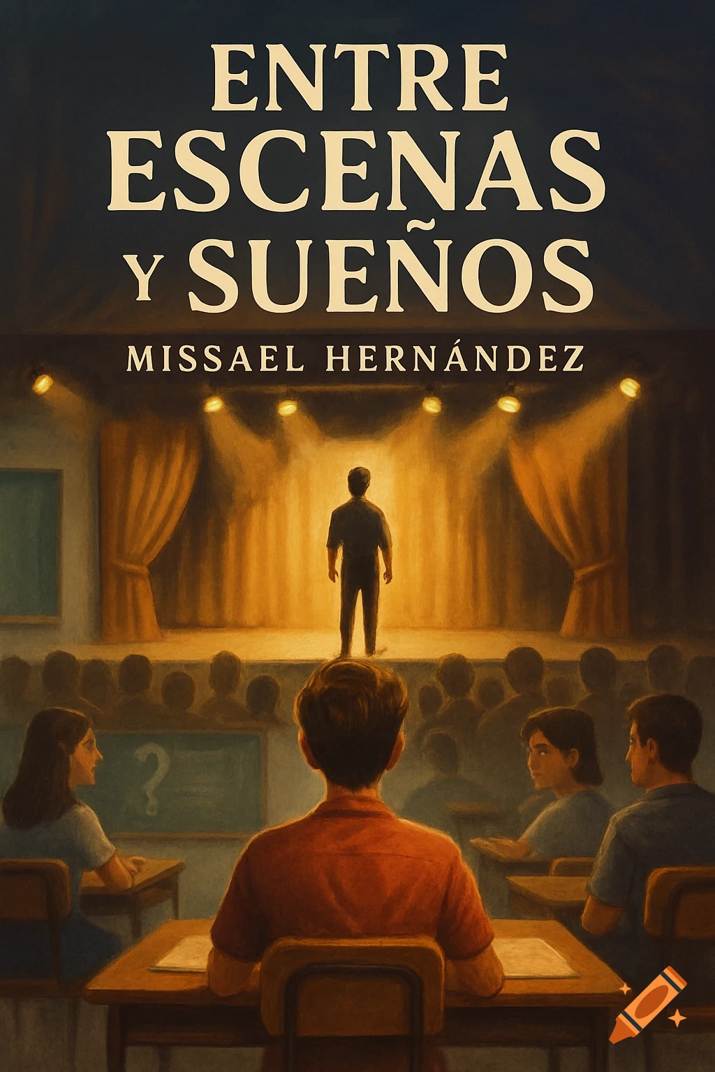 Book cover illustration of a student looking at a stage, with text overlay.