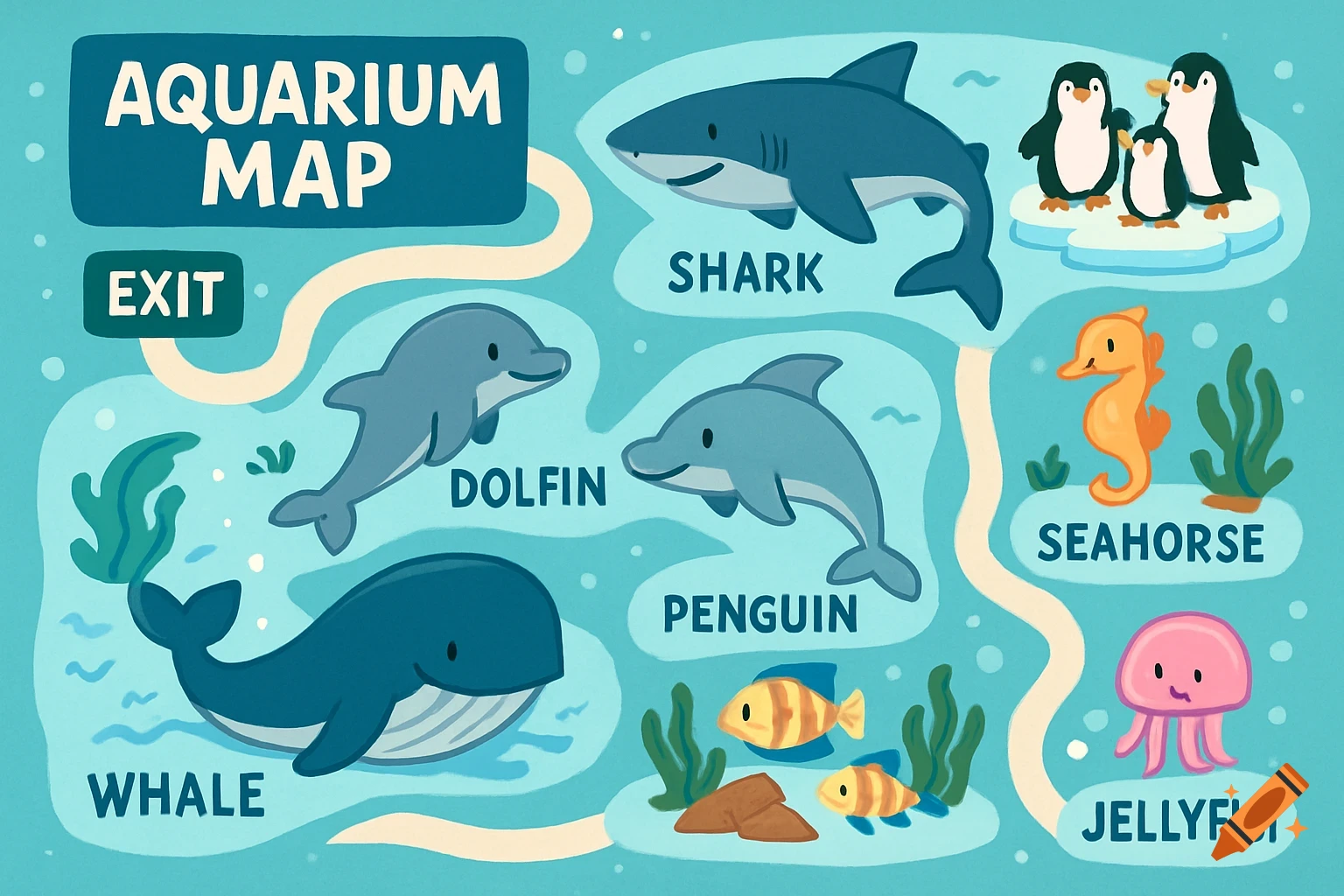 Cartoon aquarium map illustration showing a whale, shark, dolphins, penguins, seahorse, jellyfish, and fish.