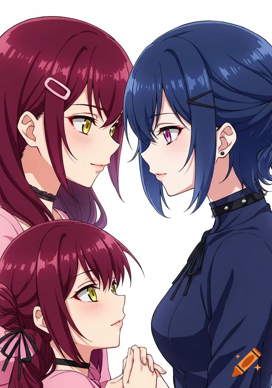 Anime illustration of two girls, one with red hair and yellow eyes, the other with blue hair and pink eyes, looking at each other and holding hands.