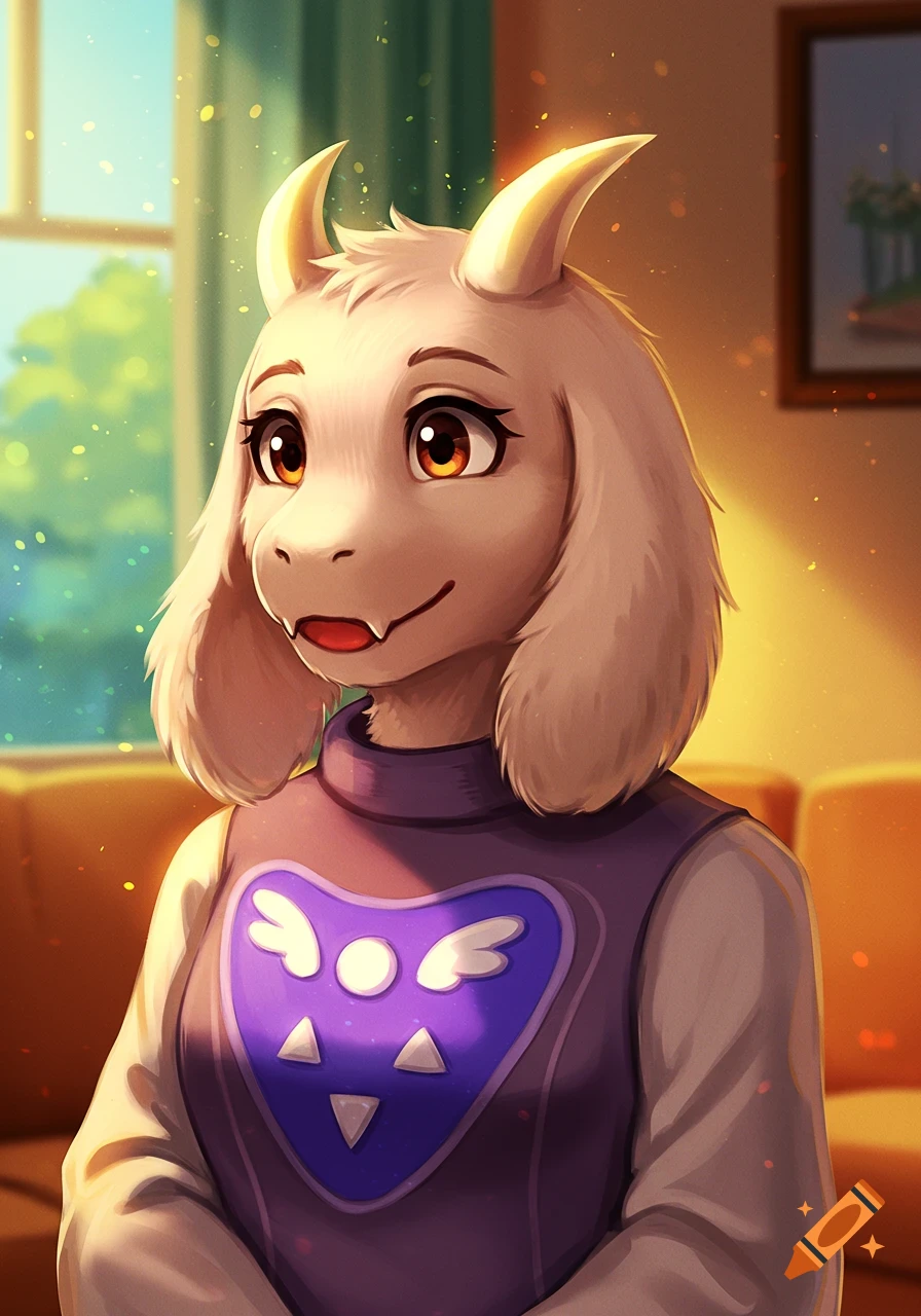 Close-up portrait of Toriel from Undertale smiling in a warm, backlit room.