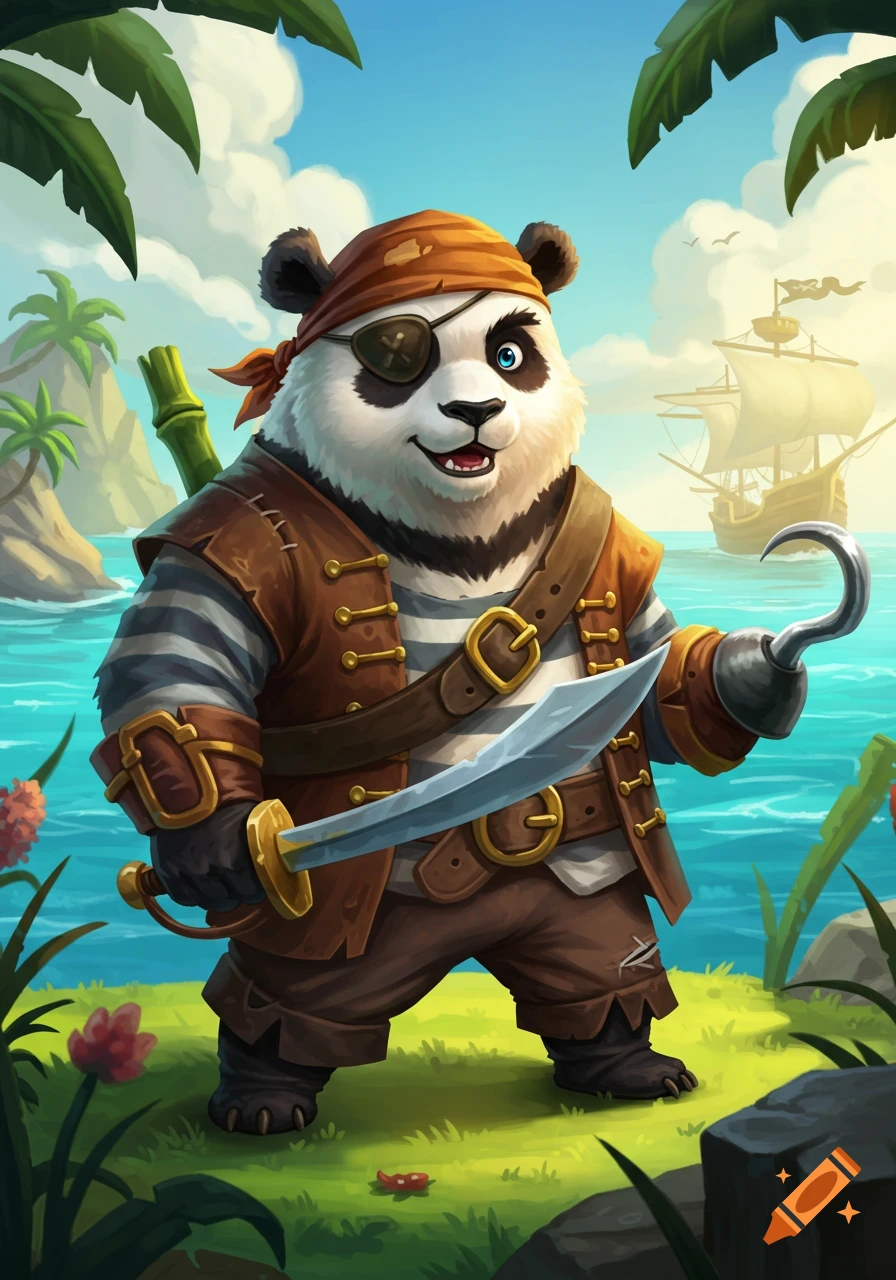 A cartoon panda dressed as a pirate stands on a beach with a sword and hook hand.